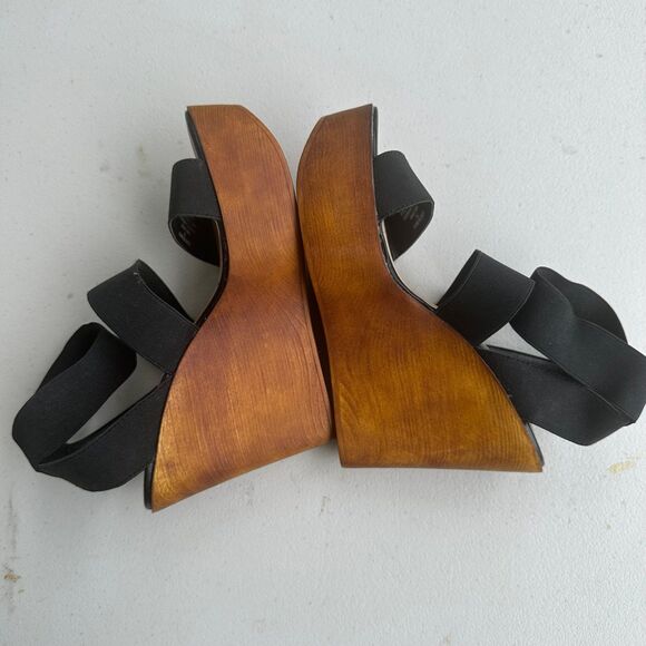 Steve Madden Black Blondy Wood Block Platform Wedge Elastic Stretch Sandals 7 - Picture 5 of 7